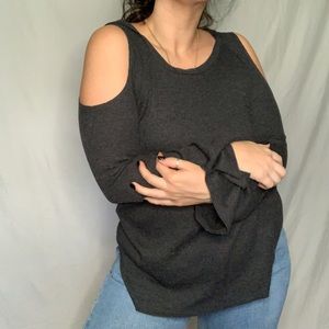 Sweater with hood and shoulder cut out